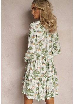 Beżowo-Zielona Sukienka Mini w Kwiatowy Wzór z Szeroką Falbanką na Dole Faeyra ze sklepu Renee odzież w kategorii Sukienki - zdjęcie 169431527
