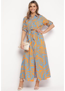 Niebiesko-Pomarańczowa Koszulowa Sukienka Maxi z Materiałowym Paskiem w Abstrakcyjne Wzory Terins ze sklepu Born2be Odzież w kategorii Sukienki - zdjęcie 169431946