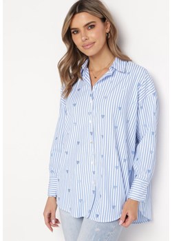 Jasnoniebieska Koszula Bawełniana w Paski z Haftowanymi Serduszkami Sanileni ze sklepu Born2be Odzież w kategorii Koszule damskie - zdjęcie 169432076