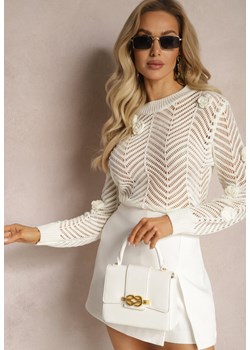 Biały Sweter z Naszytymi Kwiatami i Ażurowym Motywem Lindarsia ze sklepu Renee odzież w kategorii Swetry damskie - zdjęcie 169437418