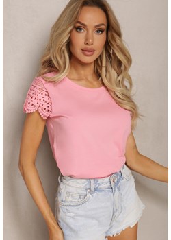 Różowy T-shirt z Bawełny Ozdobiony Cekinami i Koronką Alessme ze sklepu Renee odzież w kategorii Bluzki damskie - zdjęcie 169437528