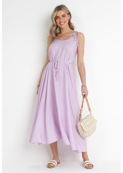Fioletowa Trapezowa Sukienka z Wiązanymi Ramiączkami i Sznurkiem w Talii Feminia ze sklepu Born2be Odzież w kategorii Sukienki - zdjęcie 169450936