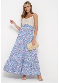 Niebieska Rozkloszowana Sukienka Maxi z Wiskozy w Kwiatowy Print i z Szydełkowym Wzorem Adviana ze sklepu Born2be Odzież w kategorii Sukienki - zdjęcie 169451086