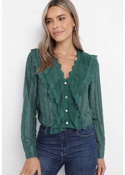 Zielona Koszula z Falbankami i Ażurową Koronką Fairwillow ze sklepu Born2be Odzież w kategorii Koszule damskie - zdjęcie 169451285