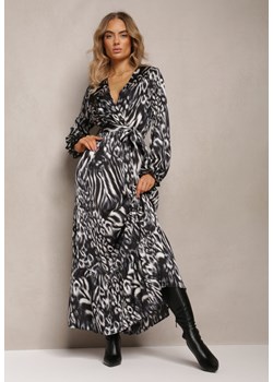 Szara Rozkloszowana Sukienka z Gumką w Talii i Kopertowym Dekoltem Janiis ze sklepu Renee odzież w kategorii Sukienki - zdjęcie 169452259