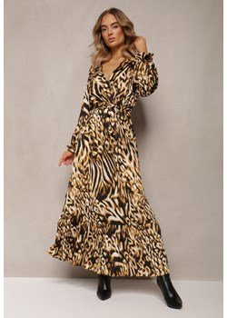 Brązowa Rozkloszowana Sukienka z Gumką w Talii i Kopertowym Dekoltem Janiis ze sklepu Renee odzież w kategorii Sukienki - zdjęcie 169452269