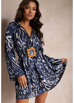 Granatowo-Niebieska Rozkloszowana Sukienka Mini z Kopertowym Dekoltem i Paskiem Liisatta ze sklepu Renee odzież w kategorii Sukienki - zdjęcie 169452289