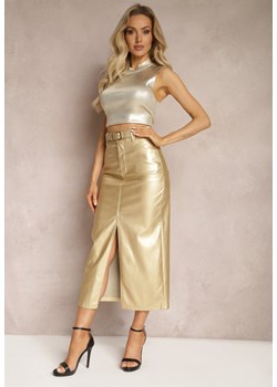 Złota Ołówkowa Spódnica Maxi z Ekoskóry i Paskiem Evell ze sklepu Renee odzież w kategorii Spódnice - zdjęcie 169456785