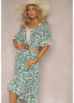 Beżowo-Zielona Maxi Sukienka Rozkloszowana z Wiskozy w Kwiaty Ozdobiona Frędzelkami Nolwen ze sklepu Renee odzież w kategorii Sukienki - zdjęcie 169456917