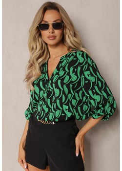 Czarno-Zielona Bluzka z Guzikami i Długim Rękawem w Geometryczny Print Daphira ze sklepu Renee odzież w kategorii Bluzki damskie - zdjęcie 169456956