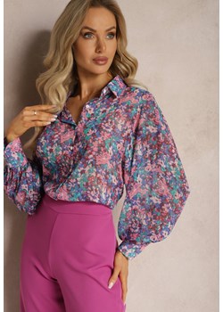 Niebiesko-Różowa Koszula z Bufiastymi Rękawami z Kwiatowym Printem Paedria ze sklepu Renee odzież w kategorii Koszule damskie - zdjęcie 169466088