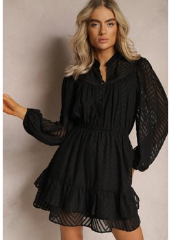 Czarna Sukienka Mini w Skośne Paski o Rozkloszowanym Fasonie z Gumką w Talii Tennari ze sklepu Renee odzież w kategorii Sukienki - zdjęcie 169469019
