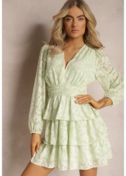 Jasnozielona Mini Sukienka o Rozkloszowanym Kroju z Falbankami i Marszczeniami Sealine ze sklepu Renee odzież w kategorii Sukienki - zdjęcie 169469029