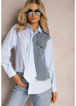 Niebieska Koszula z Jeansową Wstawką z Przodu i Krawatem w Komplecie Mirelles ze sklepu Renee odzież w kategorii Koszule damskie - zdjęcie 169469109