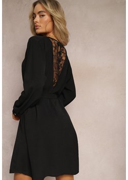 Czarna Mini Sukienka Rozkloszowana z Koronkową Aplikacją i Paskiem Ailetras ze sklepu Renee odzież w kategorii Sukienki - zdjęcie 169469135