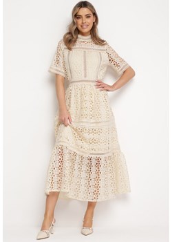 Beżowa Maxi Sukienka Rozkloszowana w Ażurowy Wzór z Falbanką Raviletta ze sklepu Born2be Odzież w kategorii Sukienki - zdjęcie 169471035