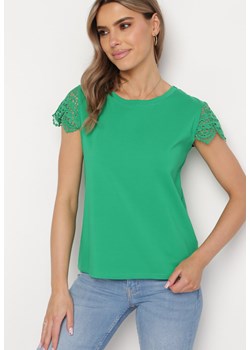 Zielona Bawełniana Bluzka z Krótkim Rękawem Cekinami i Koronką Messal ze sklepu Born2be Odzież w kategorii Bluzki damskie - zdjęcie 169471325