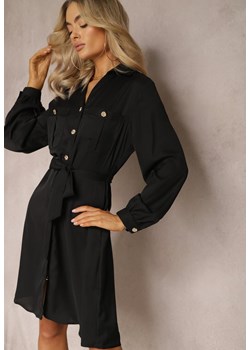 Czarna Koszulowa Sukienka Midi z Kołnierzykiem i Wiązanym Paskiem Vinalia ze sklepu Renee odzież w kategorii Sukienki - zdjęcie 169496406