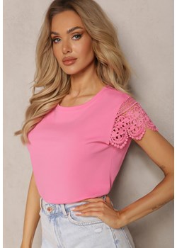 Różowy  T-shirt z Bawełny Ozdobiony Cekinami i Koronką Alessme ze sklepu Renee odzież w kategorii Bluzki damskie - zdjęcie 169496596