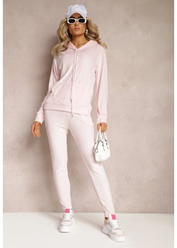 Jasnoróżowy Welurowy Komplet Dresowy Bluza z Kapturem i Spodnie Vilna ze sklepu Renee odzież w kategorii Dresy damskie - zdjęcie 169496899