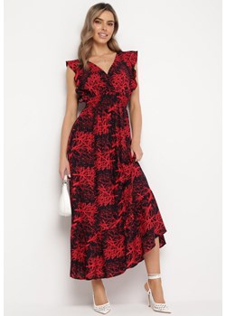 Czarno- Czerwona Maxi Sukienka Rozkloszowana z Wiskozy z Kopertową Górą Wiracia ze sklepu Born2be Odzież w kategorii Sukienki - zdjęcie 169497007
