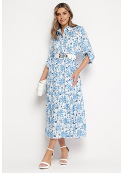 Biało-Niebieska Sukienka Maxi w Kwiatowy Wzór z Koszulową Górą Lithaia ze sklepu Born2be Odzież w kategorii Sukienki - zdjęcie 169497119