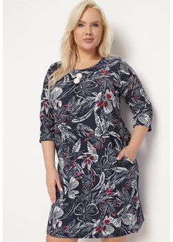 Granatowa Sukienka Trapezowa z Okrągłym Dekoltem i Kwiatowym Wzorem Aseliasa ze sklepu Born2be Odzież w kategorii Sukienki - zdjęcie 169539576