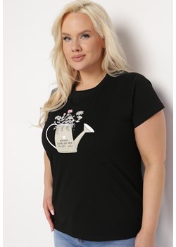 Czarny Bawełniany T-shirt z Ozdobnym Nadrukiem Littana ze sklepu Born2be Odzież w kategorii Bluzki damskie - zdjęcie 169540005