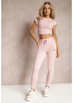 Różowe Dresowe Spodnie z Bawełny High Waist Ozdobione Naszywką Lorniwa ze sklepu Renee odzież w kategorii Spodnie damskie - zdjęcie 169543499