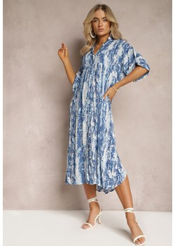 Niebieska Rozkloszowana Sukienka z Kołnierzykiem z Wiskozy z Modnym Wzorem Ilvana ze sklepu Renee odzież w kategorii Sukienki - zdjęcie 169543509