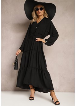 Czarna Rozkloszowana Sukienka Maxi z Falbankami i Kołnierzykiem Rehtima ze sklepu Renee odzież w kategorii Sukienki - zdjęcie 169543529