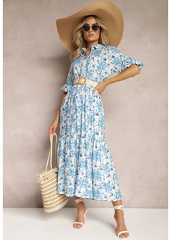 Biało-Niebieska Rozkoszowana Sukienka z Koszulową Górą i Wzorem w Kwiaty Nealavin ze sklepu Renee odzież w kategorii Sukienki - zdjęcie 169543589