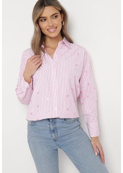 Różowa Koszula Bawełniana w Paski z Haftowanymi Serduszkami Sanileni ze sklepu Born2be Odzież w kategorii Koszule damskie - zdjęcie 169552936