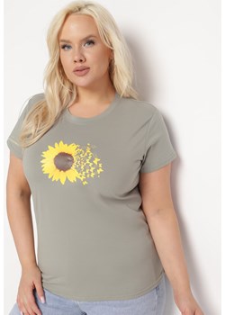 Miętowy Bawełniany T-shirt z Nadrukiem na Przodzie Galamella ze sklepu Born2be Odzież w kategorii Bluzki damskie - zdjęcie 169553176