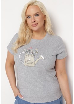 Szary Bawełniany T-shirt z Ozdobnym Nadrukiem Littana ze sklepu Born2be Odzież w kategorii Bluzki damskie - zdjęcie 169553218