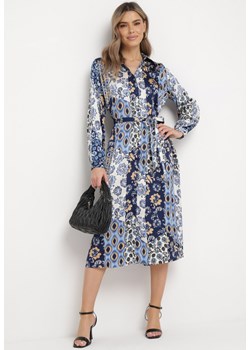 Niebiesko-Granatowa Sukienka Koszulowa w Ornamentalny Wzór z Materiałowym Paskiem Drusial ze sklepu Born2be Odzież w kategorii Sukienki - zdjęcie 169603136