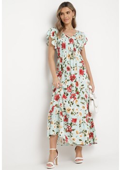 Jasnozielona Rozkloszowana Sukienka Maxi z Wiskozy w Kwiatowy Print Unadis ze sklepu Born2be Odzież w kategorii Sukienki - zdjęcie 169603179