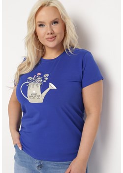 Niebieski Bawełniany T-shirt z Ozdobnym Nadrukiem Littana ze sklepu Born2be Odzież w kategorii Bluzki damskie - zdjęcie 169603286