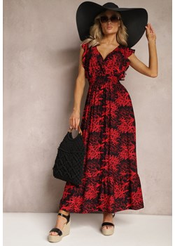 Czarno-Czerwona Rozkloszowana Sukienka z Wiskozy Maxi z Kopertowym Dekoltem Luksia ze sklepu Renee odzież w kategorii Sukienki - zdjęcie 169607997