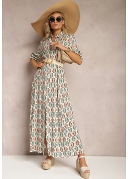 Beżowa Wiskozowa Sukienka Maxi w Liście o Rozkloszowanym Fasonie z Paskiem Pelitra ze sklepu Renee odzież w kategorii Sukienki - zdjęcie 169608147