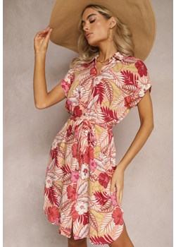 Różowo-Czerwona Sukienka Koszulowa z Materiałowym Paskiem w Kwiaty Kumelia ze sklepu Renee odzież w kategorii Sukienki - zdjęcie 169608157