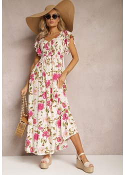 Jasnobeżowa Wiskozowa Sukienka w Kwiatowy Print Rozkloszowana Maxi Veradisia ze sklepu Renee odzież w kategorii Sukienki - zdjęcie 169608167
