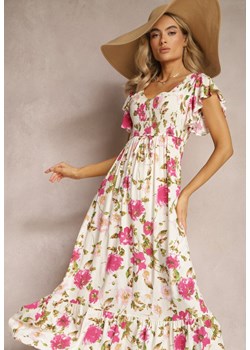 Jasnobeżowa Wiskozowa Sukienka w Kwiatowy Print Rozkloszowana Maxi Veradisia ze sklepu Renee odzież w kategorii Sukienki - zdjęcie 169608168