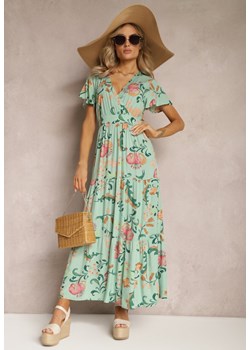 Zielona Kwiatowa Sukienka o Rozkloszowanym Fasonie Maxi z Wiskozy z Falbanką Acatie ze sklepu Renee odzież w kategorii Sukienki - zdjęcie 169608177