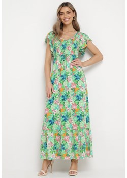 Zielona Sukienka Maxi z Kwiatowym Wzorem i Gumką w Talii Oleccte ze sklepu Born2be Odzież w kategorii Sukienki - zdjęcie 169616509