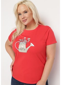 Czerwony Bawełniany T-shirt z Ozdobnym Nadrukiem Littana ze sklepu Born2be Odzież w kategorii Bluzki damskie - zdjęcie 169616849