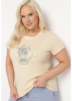Beżowy Bawełniany T-shirt z Ozdobnym Nadrukiem Littana ze sklepu Born2be Odzież w kategorii Bluzki damskie - zdjęcie 169616856