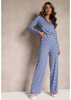 Niebieskie Spodnie o Szerokim Kroju w Ozdobny Print z Kieszeniami Ashel ze sklepu Renee odzież w kategorii Spodnie damskie - zdjęcie 169641299