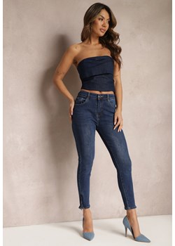 Granatowe Skinny Jeansy z Bawełny z Ozdobnymi Suwakami na Dole Nogawek Vadna ze sklepu Renee odzież w kategorii Jeansy damskie - zdjęcie 169645518