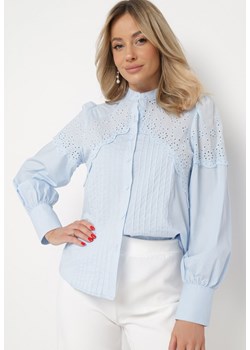 Niebieska Bawełniana Koszula ze Stójką i Ażurową Koronką Lathorissa ze sklepu Born2be Odzież w kategorii Koszule damskie - zdjęcie 169645808